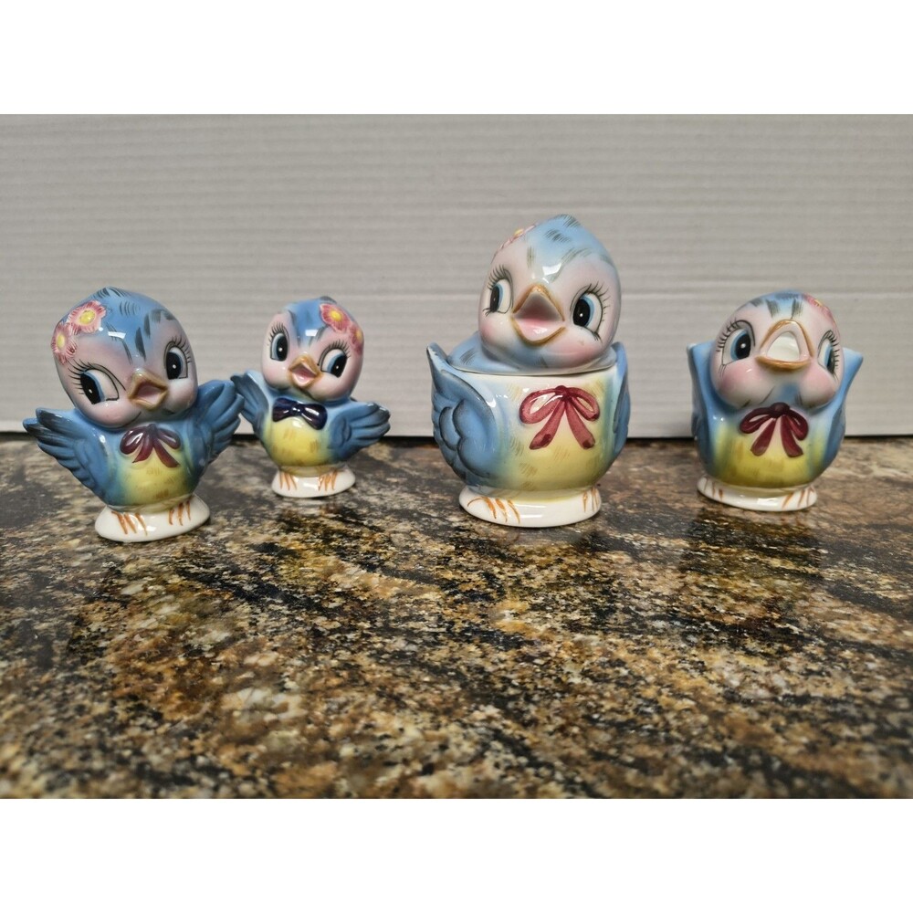 Set Of 4  Lefton "Bluebird of Happiness" anthropomorphic Salt/Pepper Shakers...